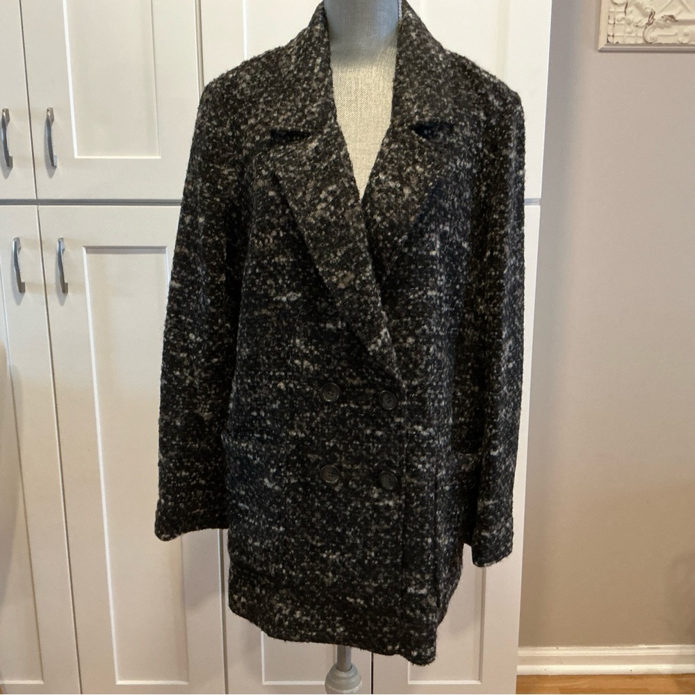 J Jill gray black alpaca wool mohair fuzzyy soft chunky knit overcoat peacoat L